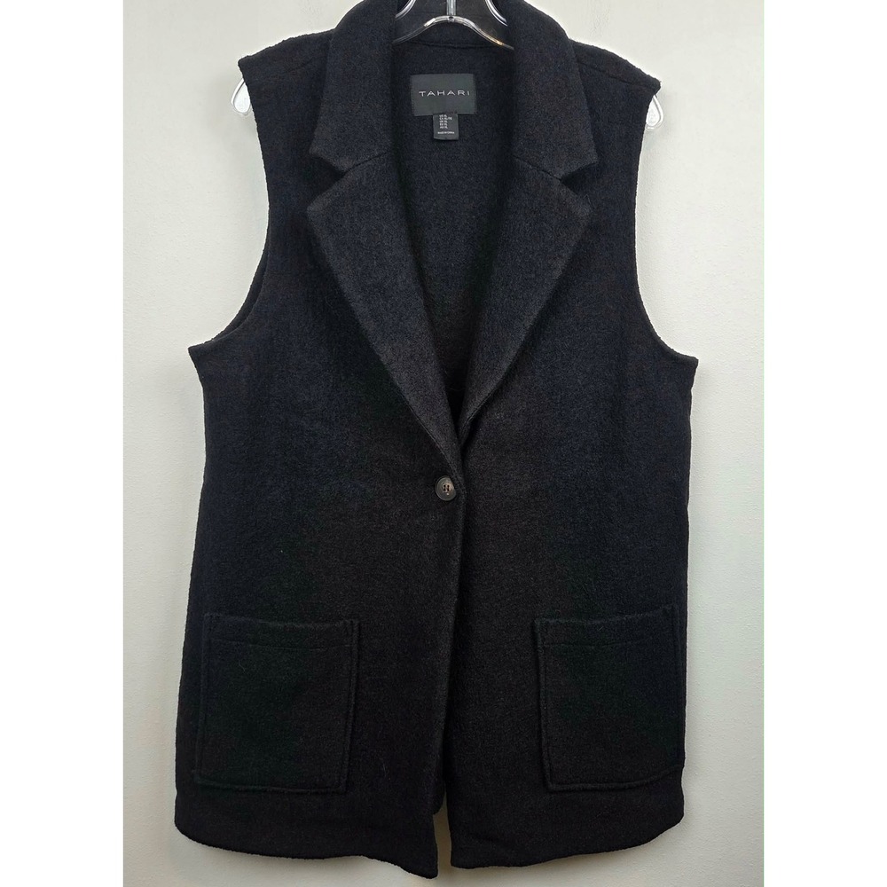 Tahari Womens XL Black Wool Blend Longline Vest Notched Lapel One Button